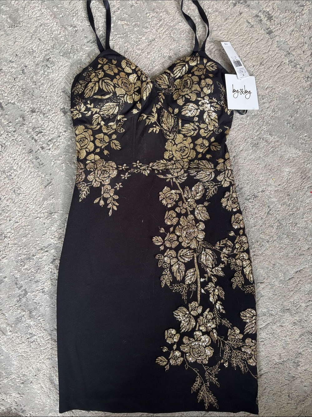 by & by Black Mini Dress with Gold Floral Lace